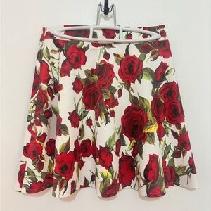 Floral Red Rose Print A-Line Skirt - White Background